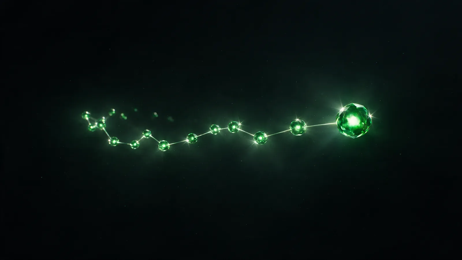 A chain of dated record entries leading to a conclusion, drawn in emerald on a dark background