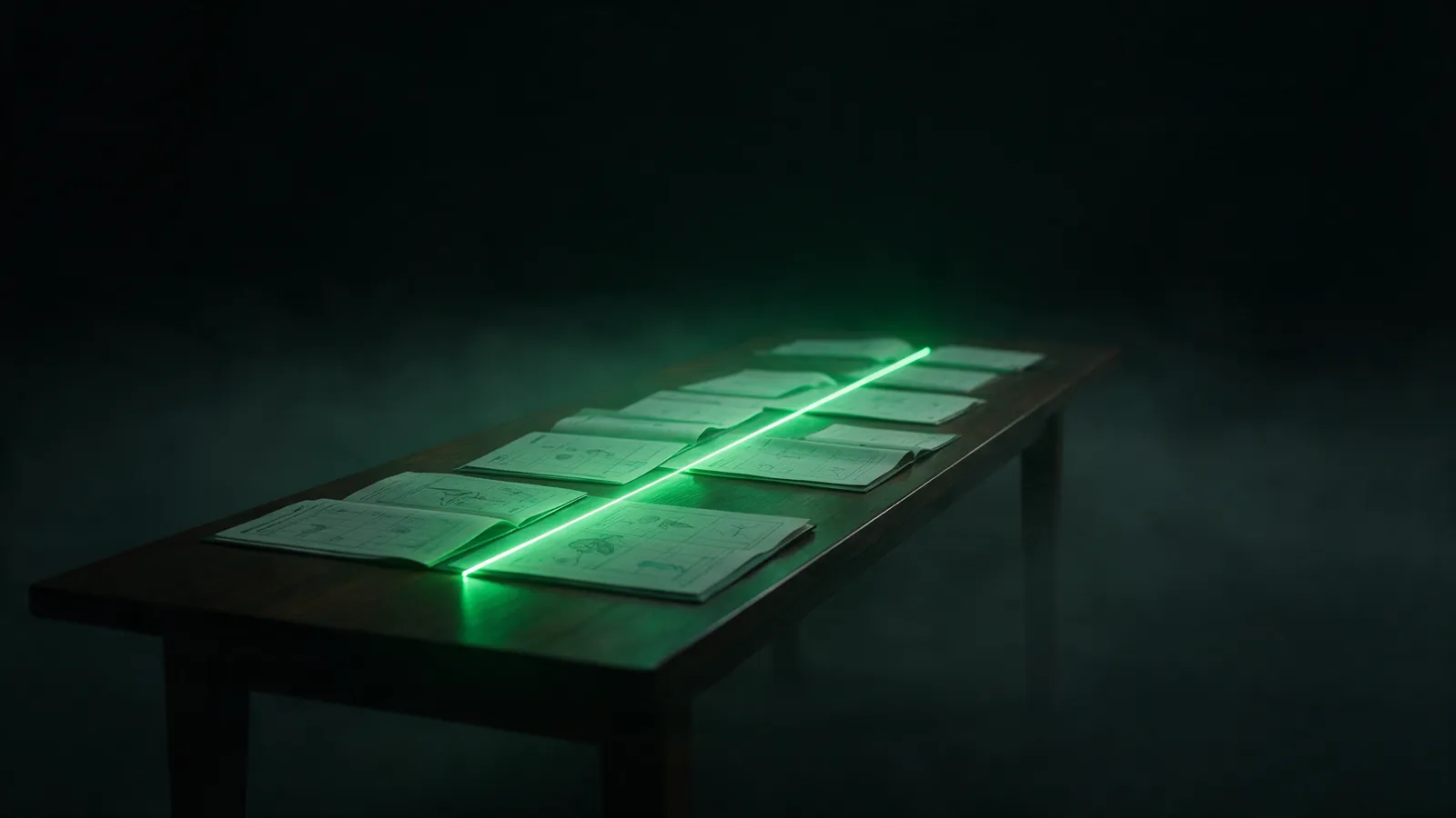 A long reading table with open medical charts and a single emerald timeline running its length