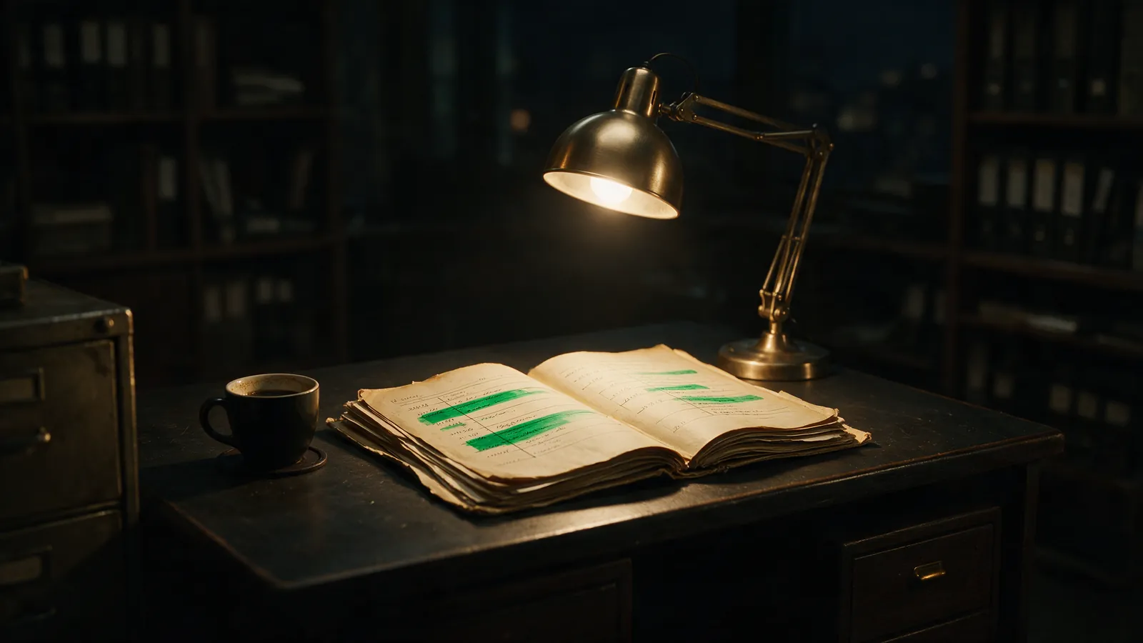 A claims desk at night with a file open to a dated timeline, emerald highlights on the key entries