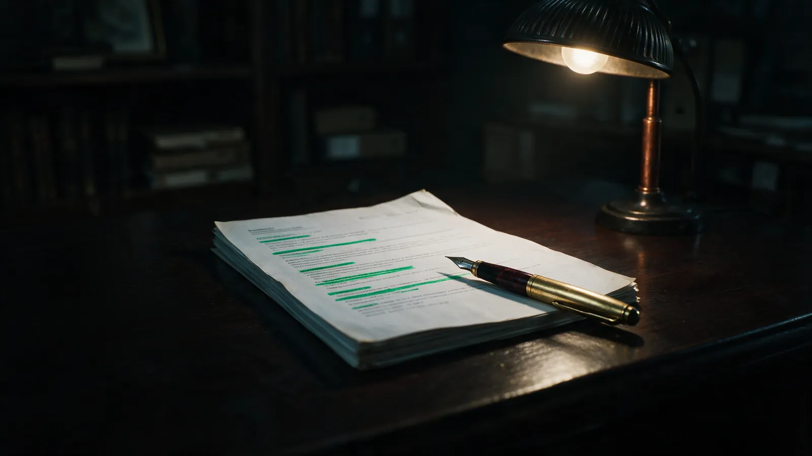A printed medical report with several lines marked in emerald under a lamp