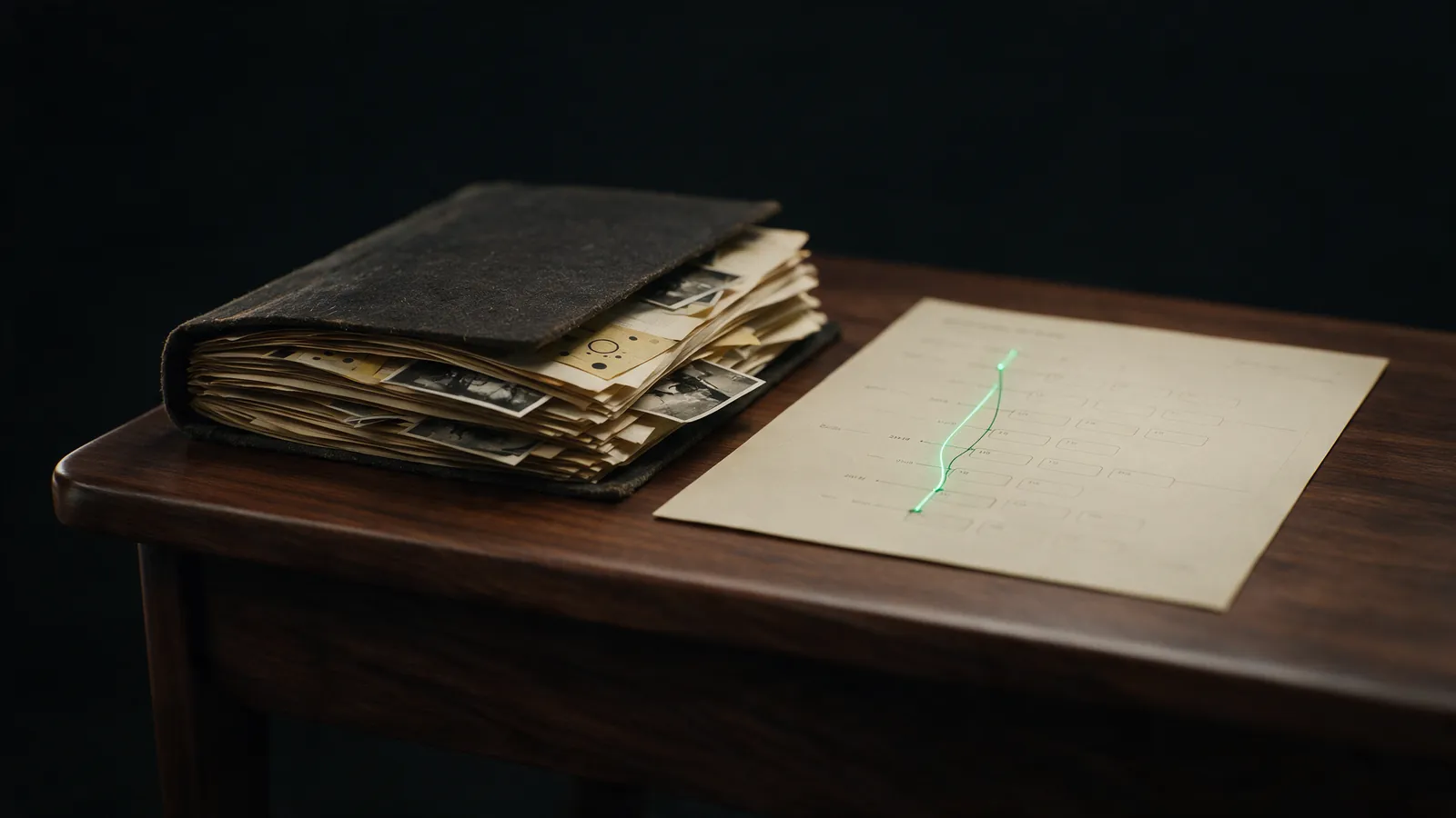 A medical chronology timeline glowing across a dark desk beside a case file