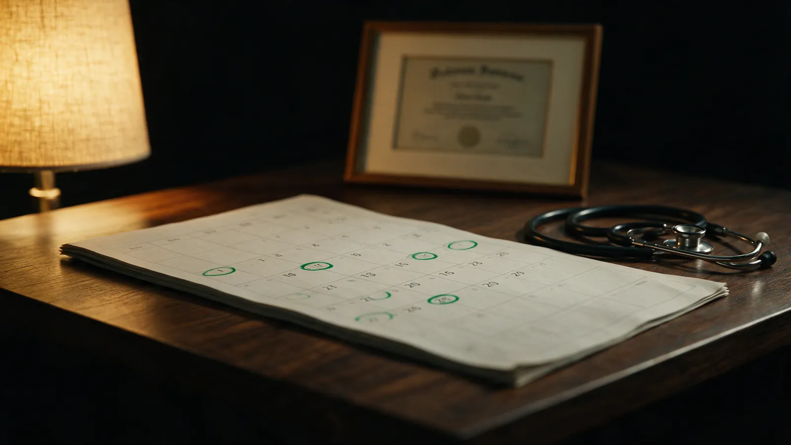 A physician's credentials and a calendar of examination dates on a dark desk