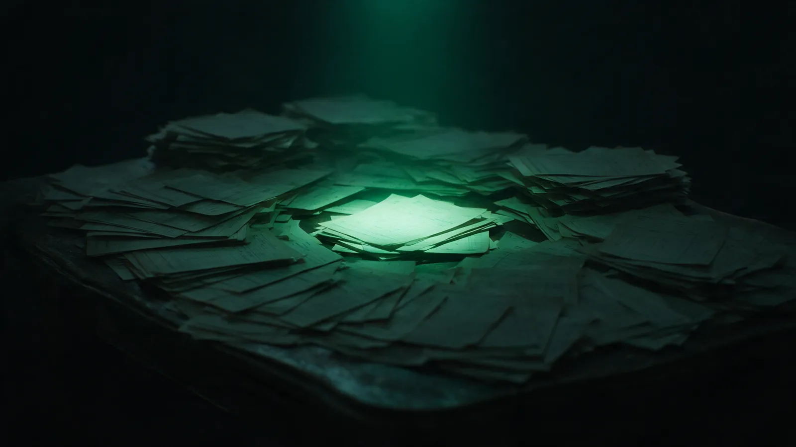 Pages of a medical chart fanned across a dark desk with one page lit