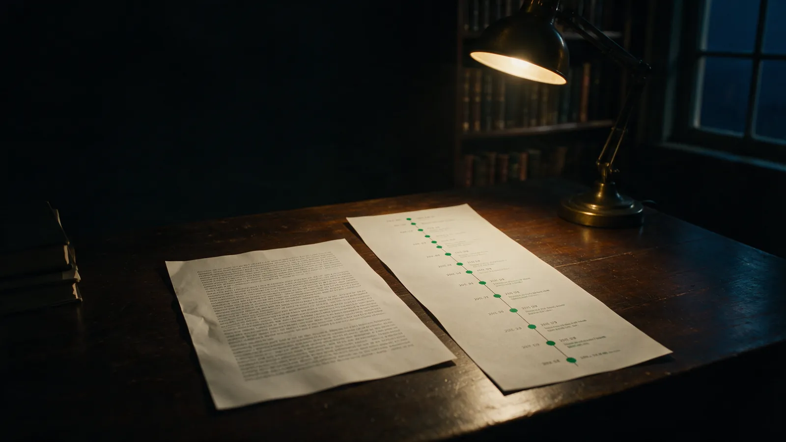 Two documents side by side on a dark desk, one a dense summary, one a dated timeline