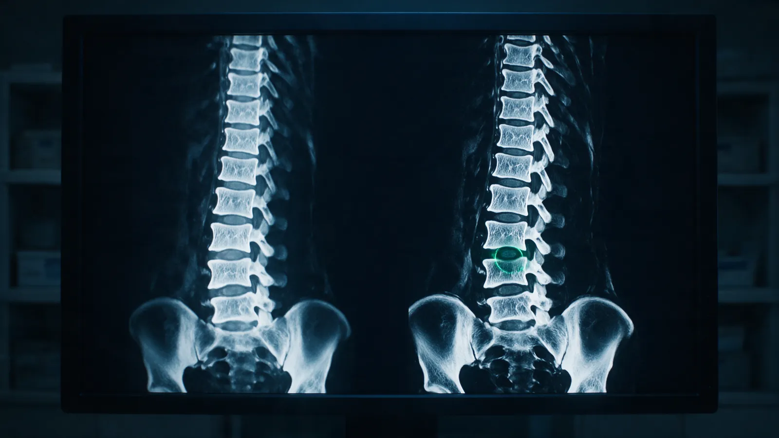 Two spine images side by side on a dark screen, one older, one recent
