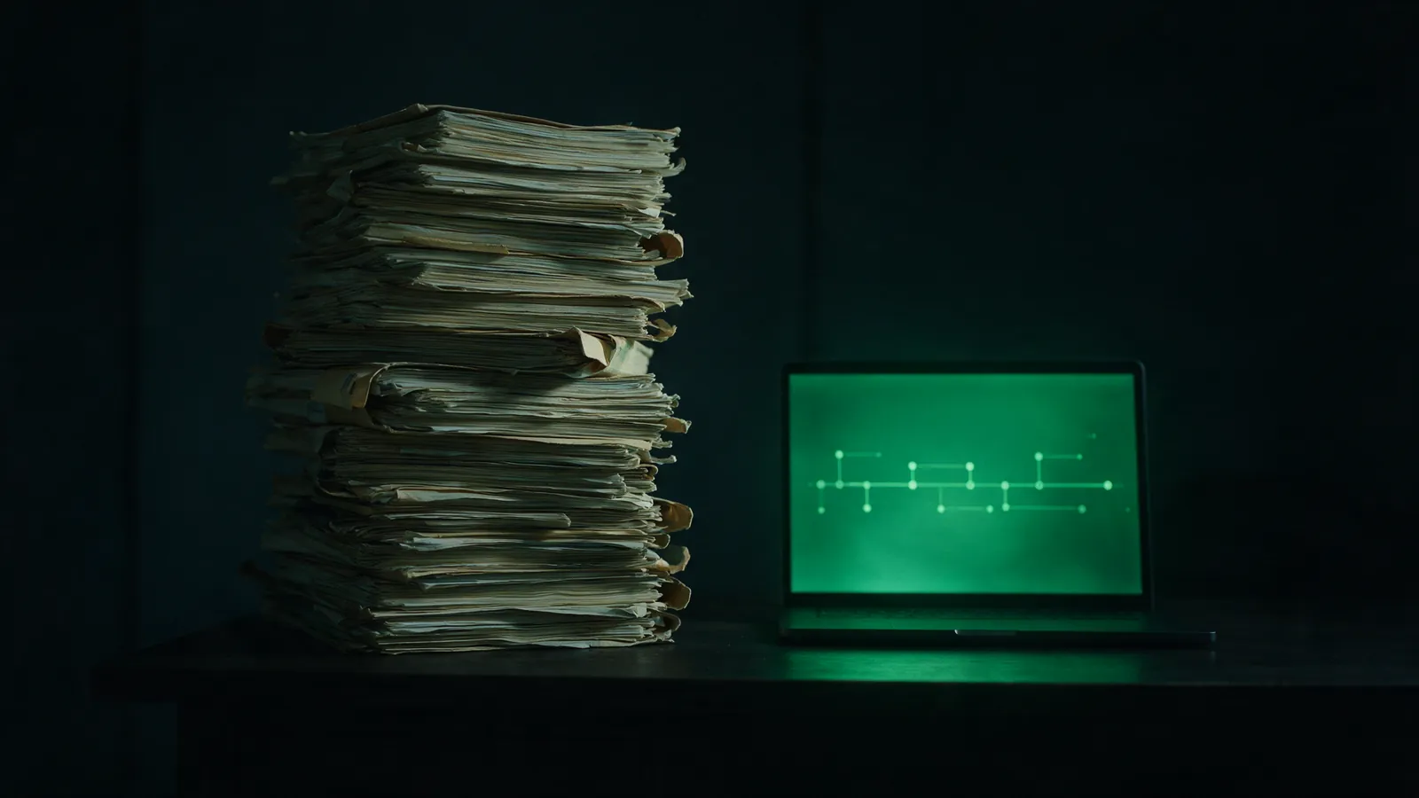 A tall stack of medical records beside a laptop showing a dated timeline, in dim emerald light