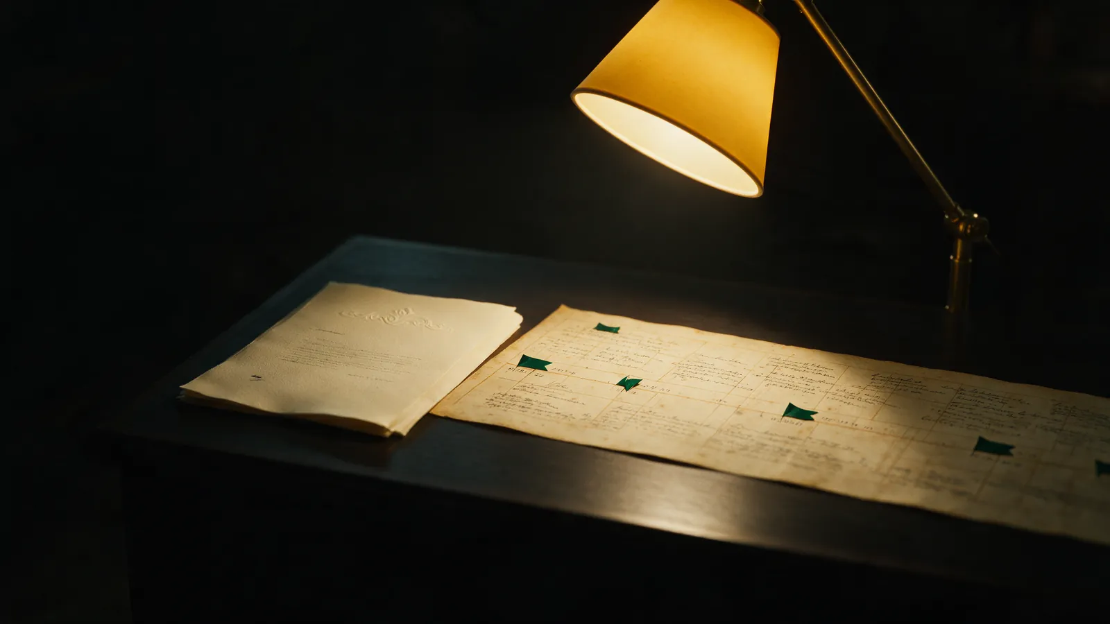 A demand letter and a dated medical timeline side by side on a dark desk, key entries marked in emerald