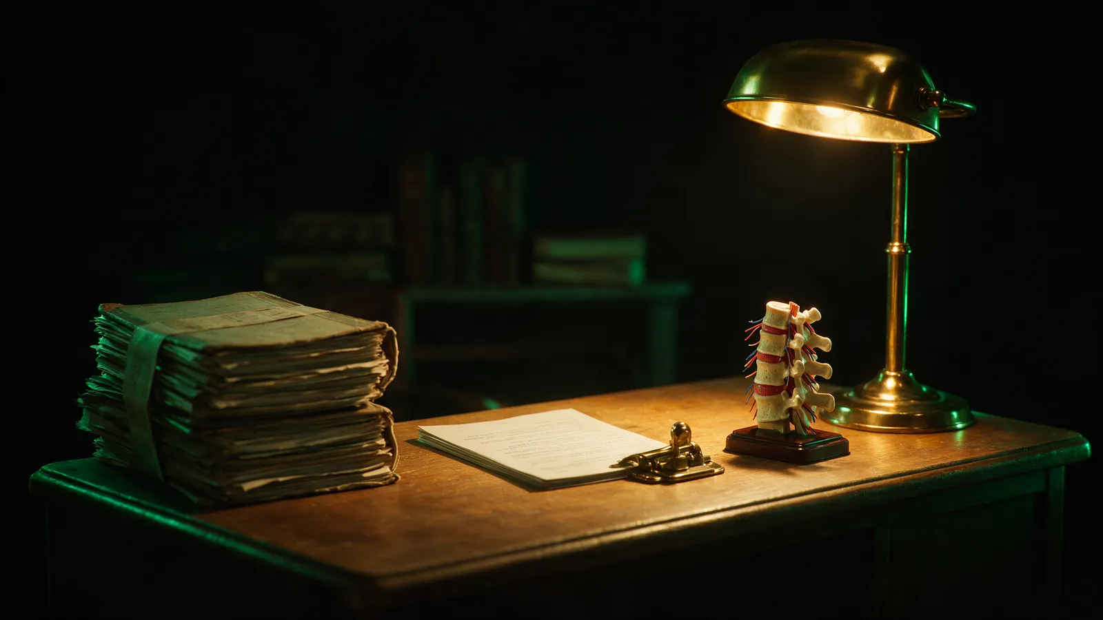 A physician's desk with a typed report, a stack of records, and a spine model in dim emerald light