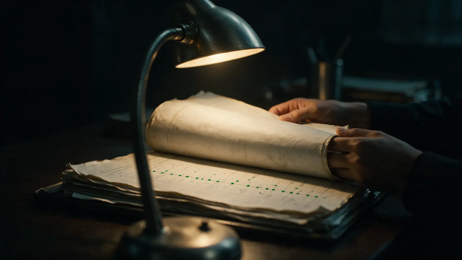A clinician's hands turning pages of a chart under a desk lamp, emerald highlights on a timeline beside it